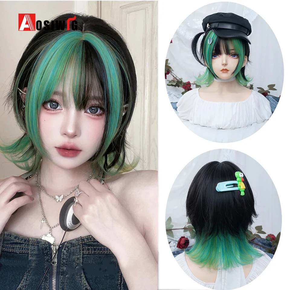 

AOSI Synthetic Short Black Green Mix Women Straight Wigs with Bangs Lolita Anime Cosplay Natural Hair Wig for Daily Party