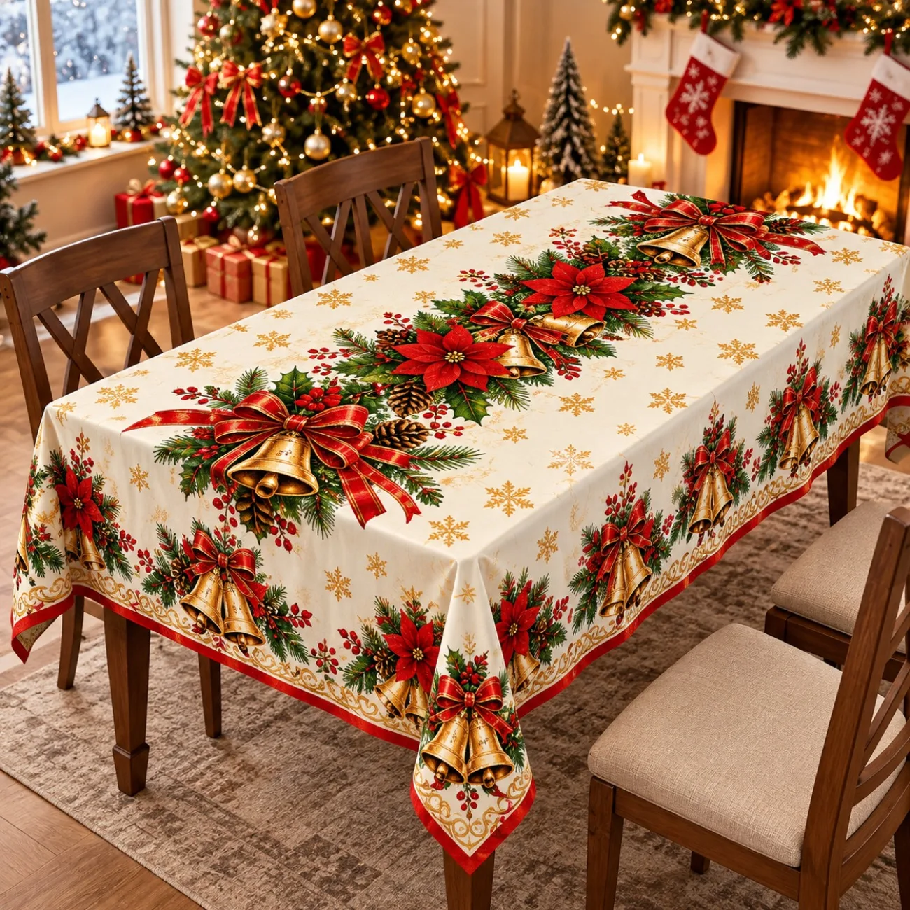 1 square tablecloth, Christmas poinsettia gold bell print polyester tablecloth, cream white background
