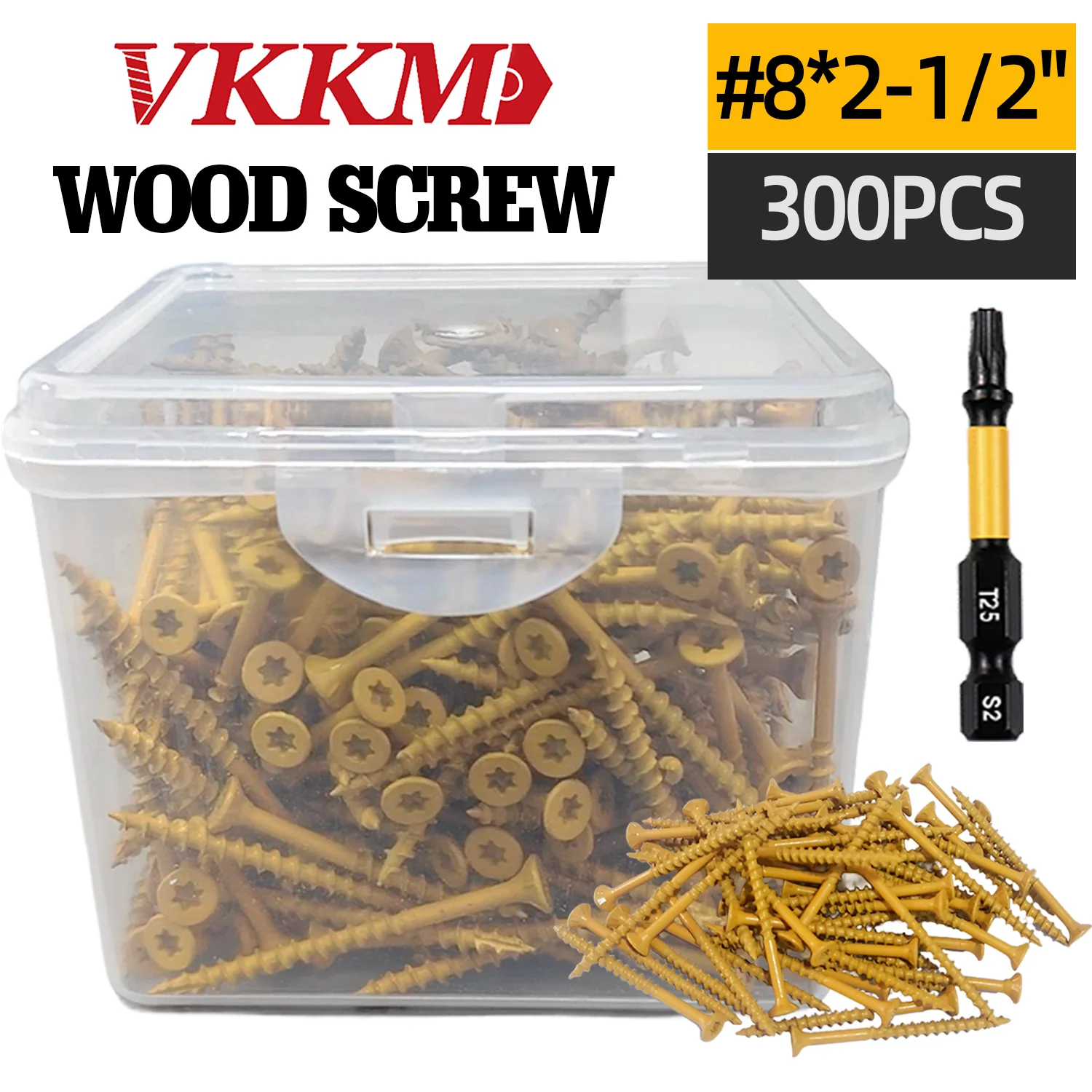 

VKKM Deck Screws 2-1/2 Inch, Wood Screws #8 x 2-1/2", 300 PCS, Rust Resistant Coated, T25 Screws, T25 Star Bit Included, Tan