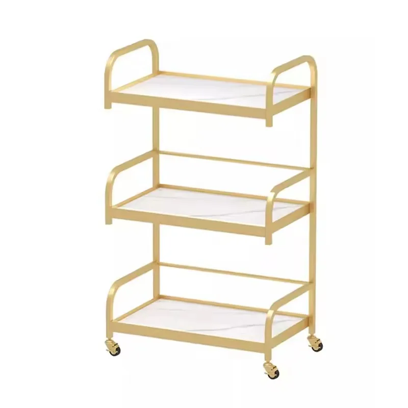 Luxury Beauty Golden Stainless Steel Marble Top Hairdressing 3 Layer Beauty Saloon Trolley With 4 Wheels