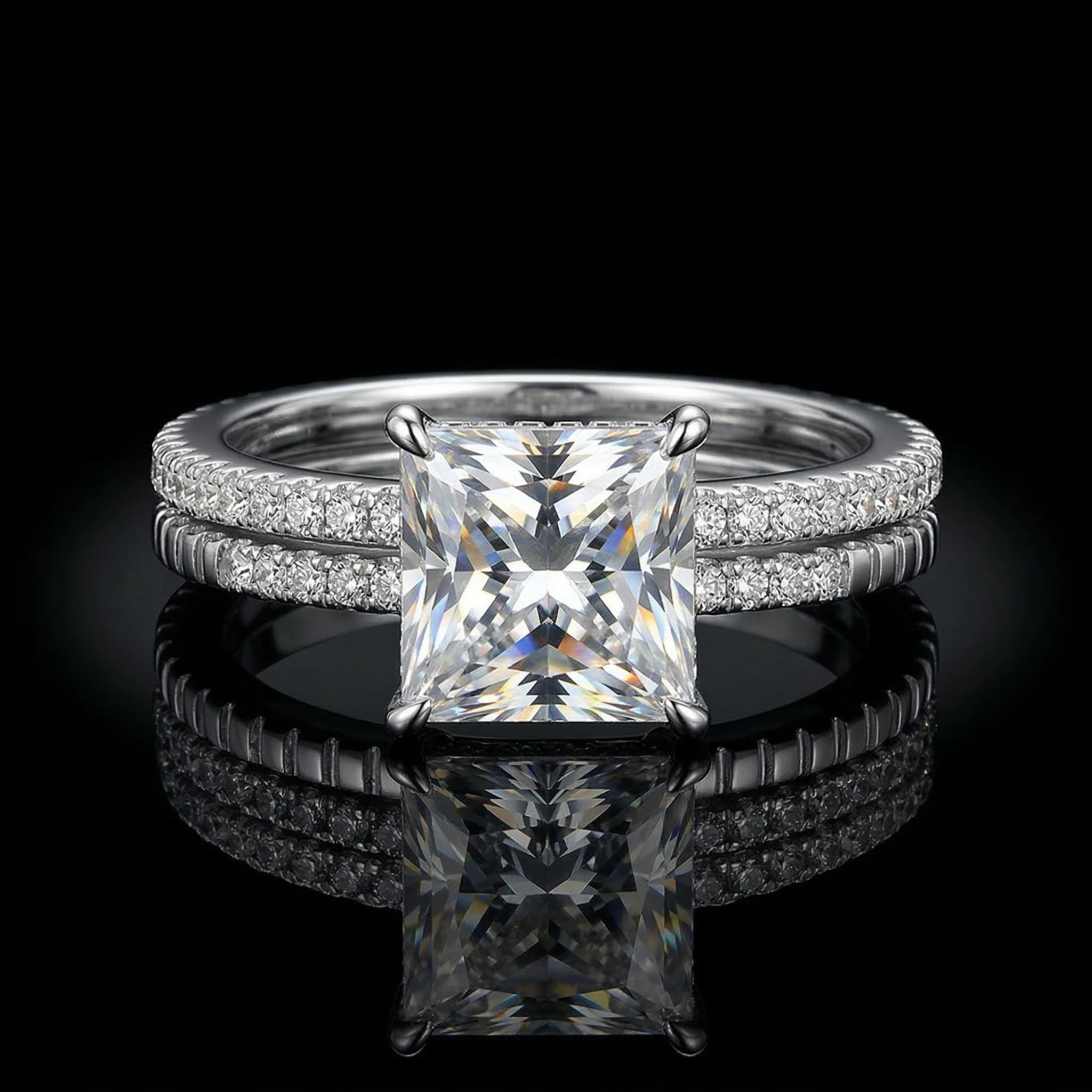 

Кольцо с муассанитом огранки Princess Cut, серебро 925 пробы, цвет D, чистота VVS1, 5 карат, 4 крапана, обручальный комплект, женское, с сертификатом