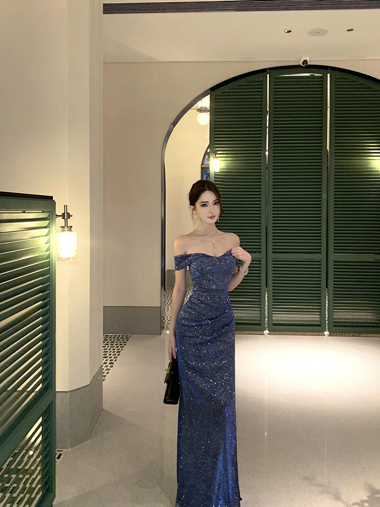 Französisches Mode-Kleid in Blau, Sexy Schulterfreies Kleid mit Schlitz, Kurzärmeliges Plissiertes Kleid, Damen Geburtstagsparty Abendkleid Langes Kleid – Detail 12