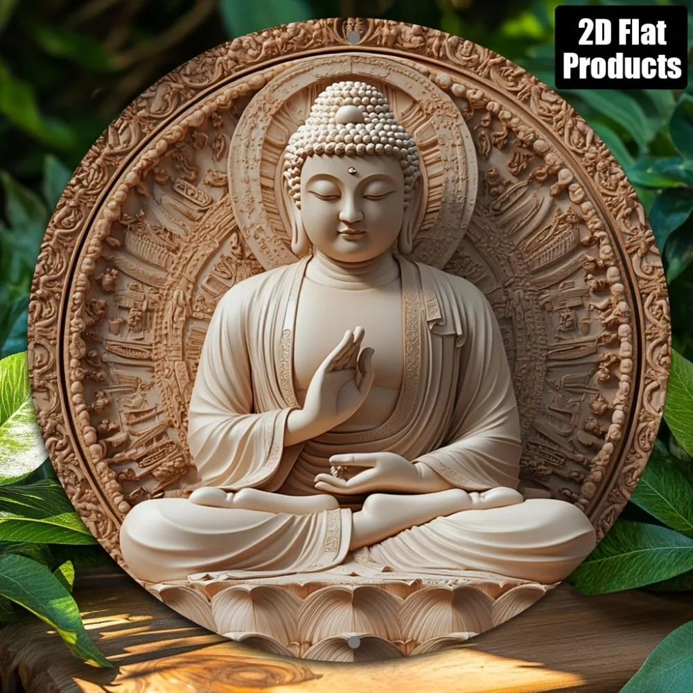 2D 1PC Buddha Zen rundes Metallschild 8x8 Zoll Wandkunst Home Bar Cafe Dekor
