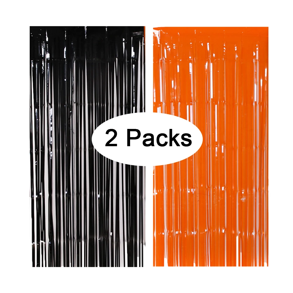 Cortinas con flecos de papel de aluminio para decoración de Halloween, de 2 piezas telón de fondo, color negro y naranja, para fiesta de cumpleaños