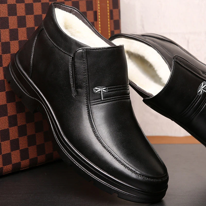 

First Layer Cowhide Wool Warm Men's Cotton Shoes Black Winter Flat Heel Genuine Leather Round Toe Casual Thickened Men's Shoes
