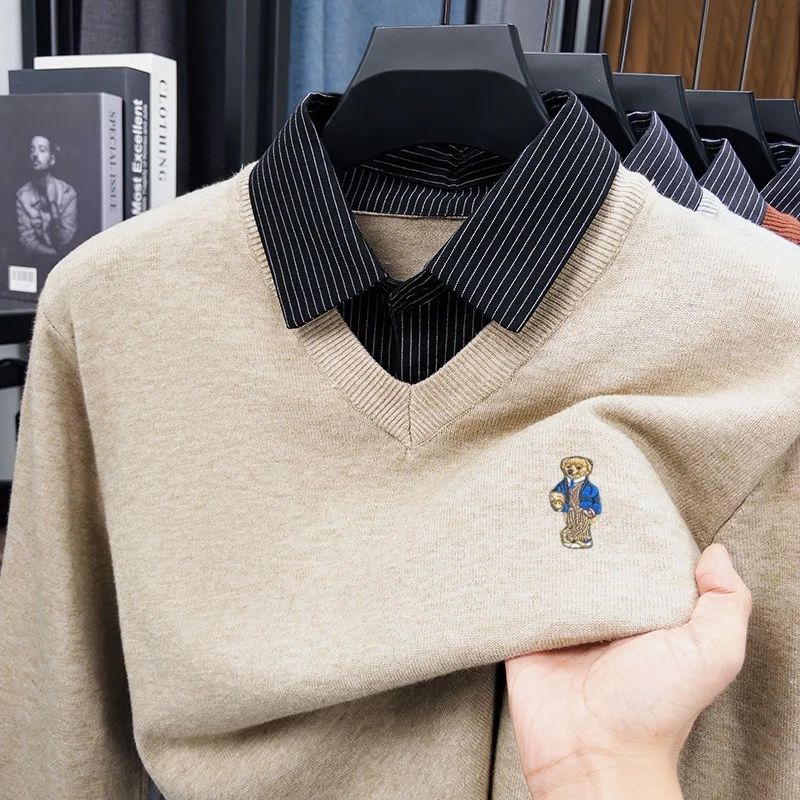 High Quality Men New Long-Sleeved Sweater T-Shirt Lapel Button False Two-Piece Embroidery Knitwear Simple Trend Men's Clothing