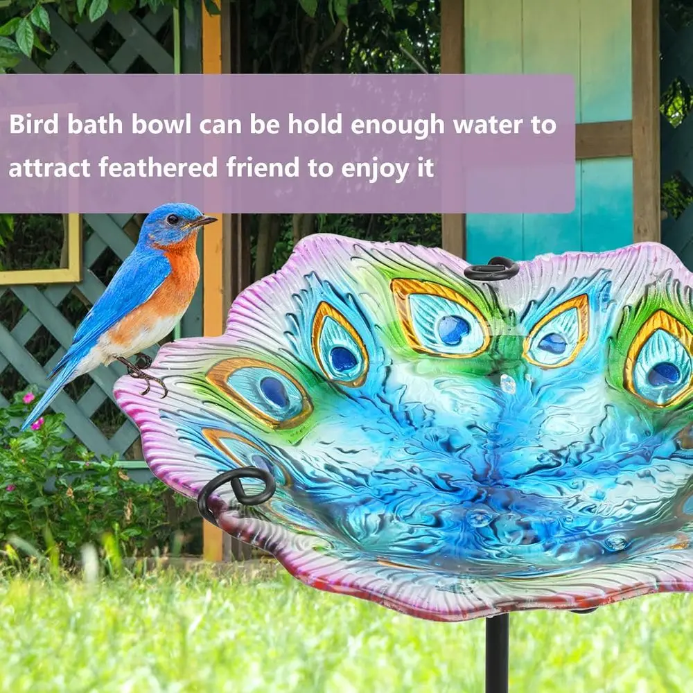 Peacock Outdoor Birdbaths with Metal Stake Green | 25 Inch Stained Glass Peacock Bird Baths Birdeeder or Outside, Stable Prong M