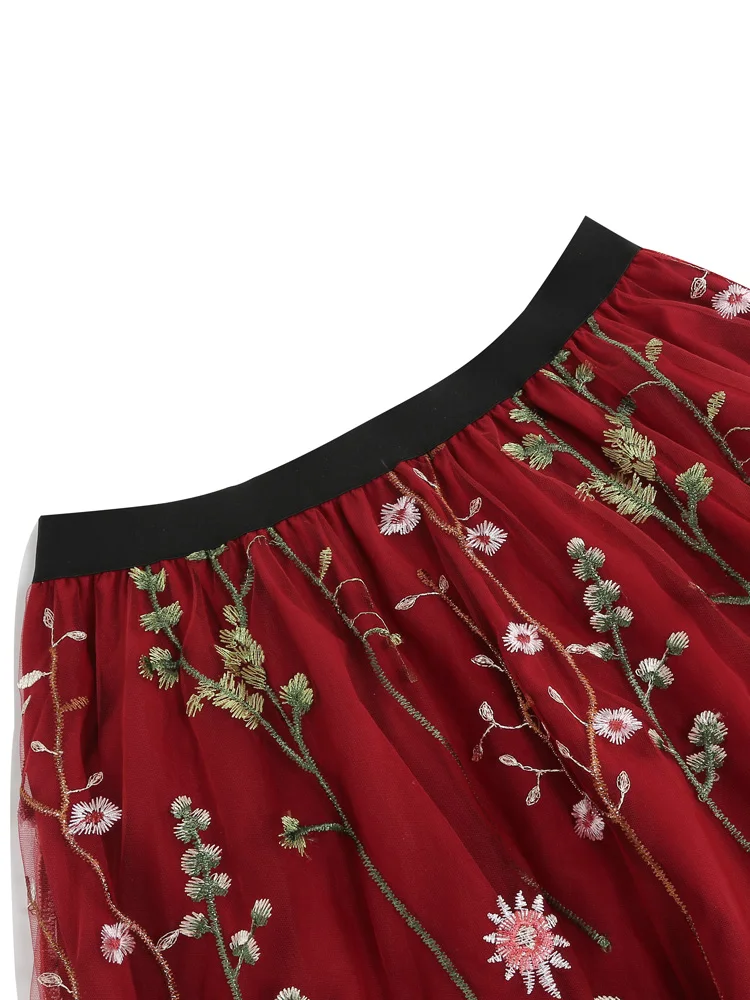 Tonval Floral Embroidered Mesh Overlay Lined Long Skirt Elastic Waist Women Elegant Festival Outfit Summer Vintage Skirts