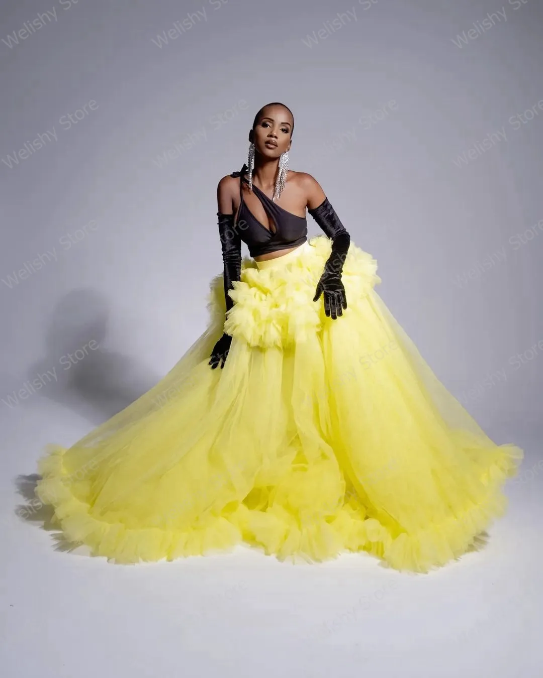 Fluffy Ball Gown Yellow Maxi Skirt For Women Very Puffy Tulle Ruffled Handmade Flowers Prom Party Skirt A Pageant Event Skirts