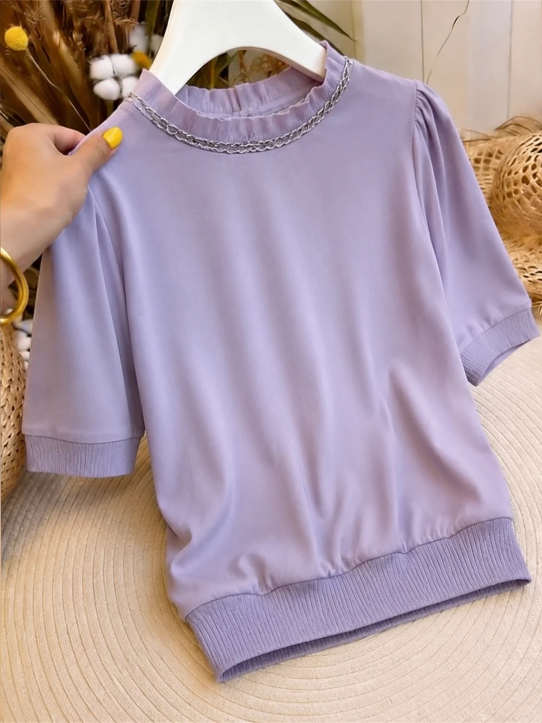

Summer Ice Silk Knitted Top round Neck Short Sleeve Commute Fashionable Slimming Straight Cut Korean Style Poem Art Linen Shirt