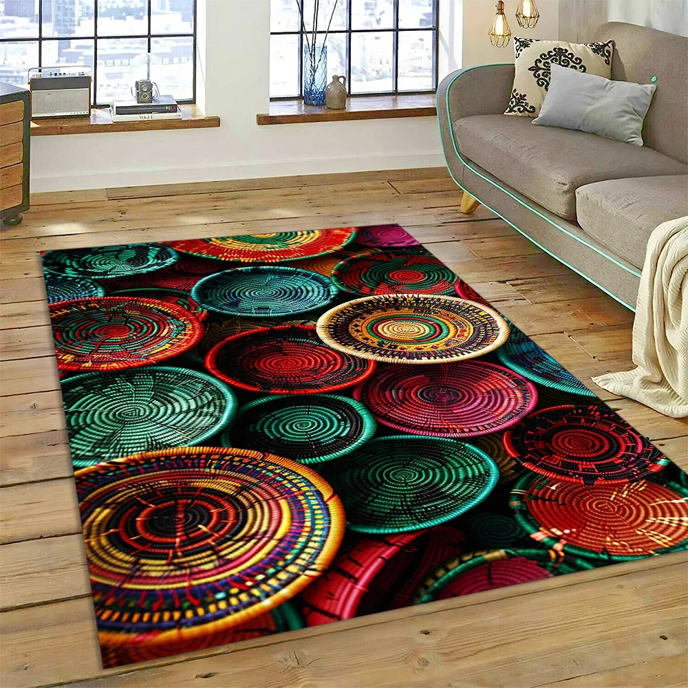 3D Ethiopia Colorful Flower Woven Art Baskets Mandala Rug Carpet for Living Room Bedroom Home Decor,Non-slip for Sofa Doormat