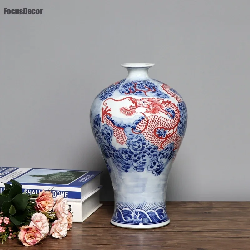 China Blue Fine Porcelain Vase Red Dragon Jingdezhen Ceramic Hand-painted Vase Blue and White Dragon Vintage 70s Vase Short Neck