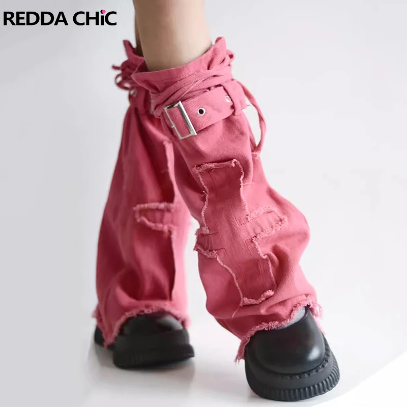 

REDDACHiC Patchwork Cross Denim Leg Warmers for Women Raw Edge Flare Leg Gaiter Knee Long Socks Retro Y2k Strappy Boots Cover