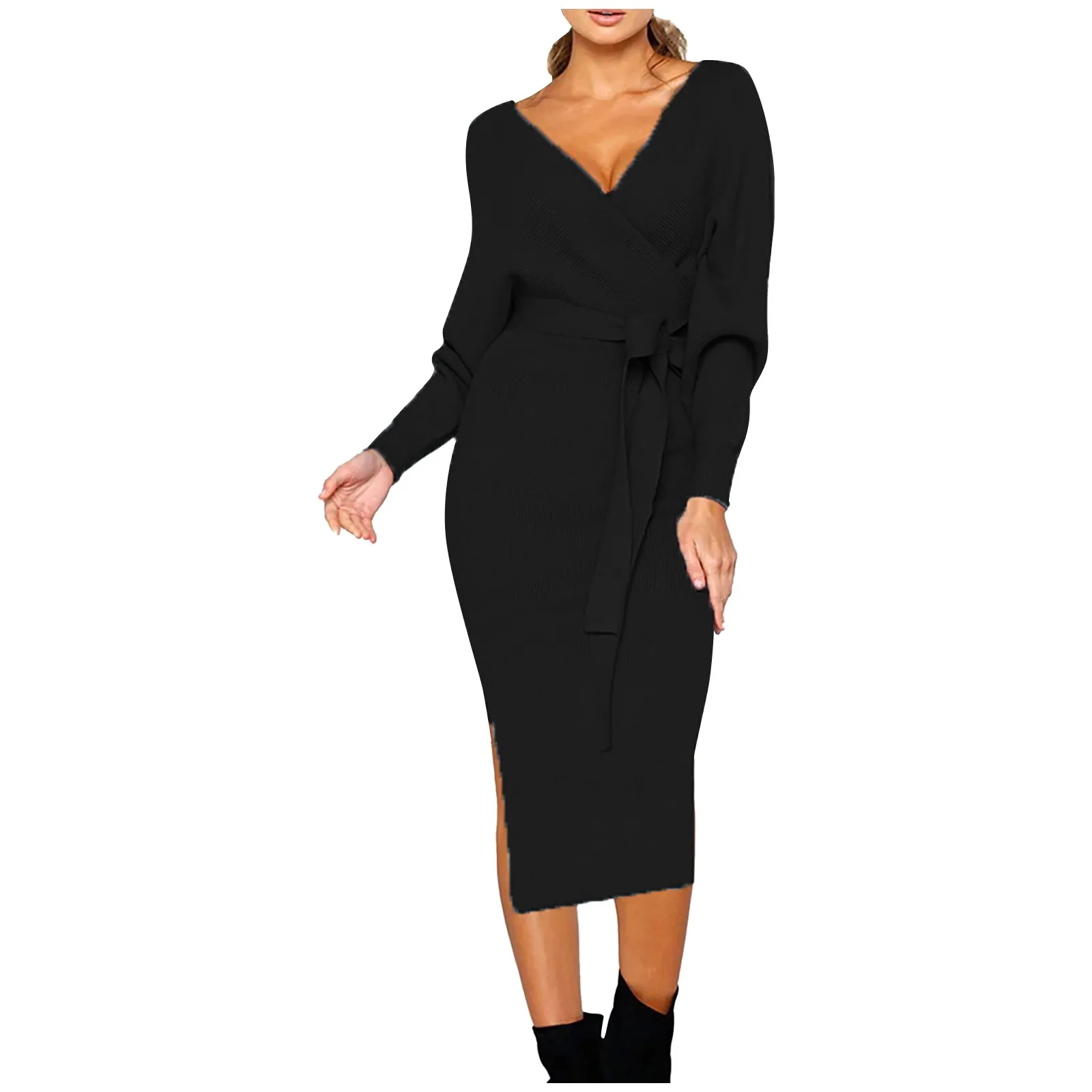 Women Knitted Sweater Dress Wrap Belted Tunic Midi Vestidos Long Sleeve V Neck Split Casual Autumn Winter Office Lady Dresses