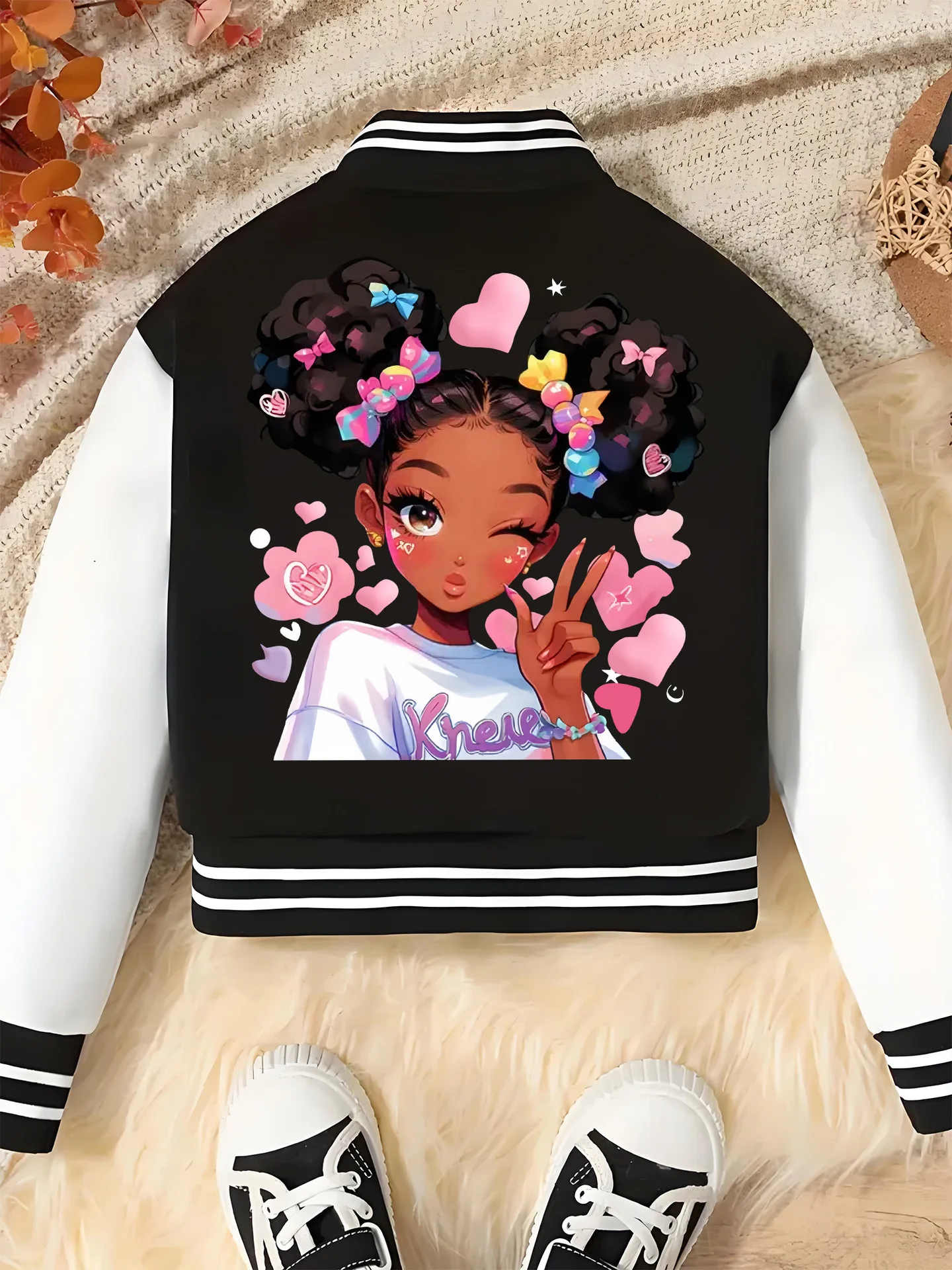 Children's Clothing Ins Girls' Jacket for the Back-To-School Season, 1-Piece Short Baseball Jacket in Black and White Contrasting Colors, Preppy Style Clothing Suitable for Ages 4 to 14