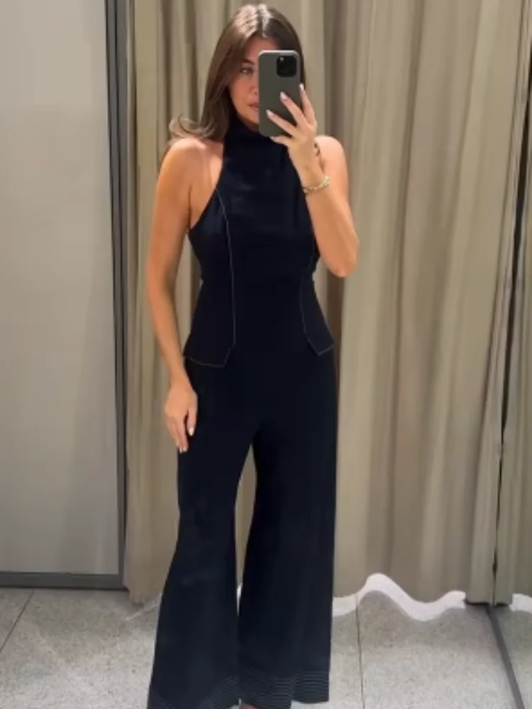 

Women Denim Halter Backless Bodysuit Retro Fashion Sleeveless Off-shoulder Tight Vest Wide-leg Jumpsuit 2026 Lady Street Outfit