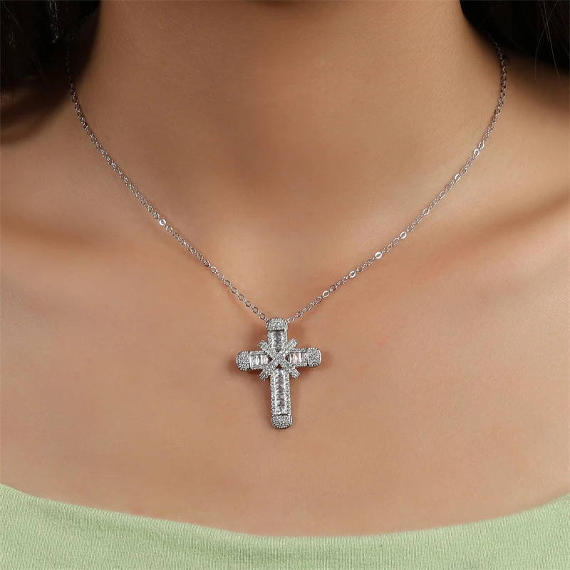 ZAKOL Fashion Hip Hop Cross Pendant Necklace for Women Men Shiny Zircon Wedding Party Choker Jewelry Wholesale