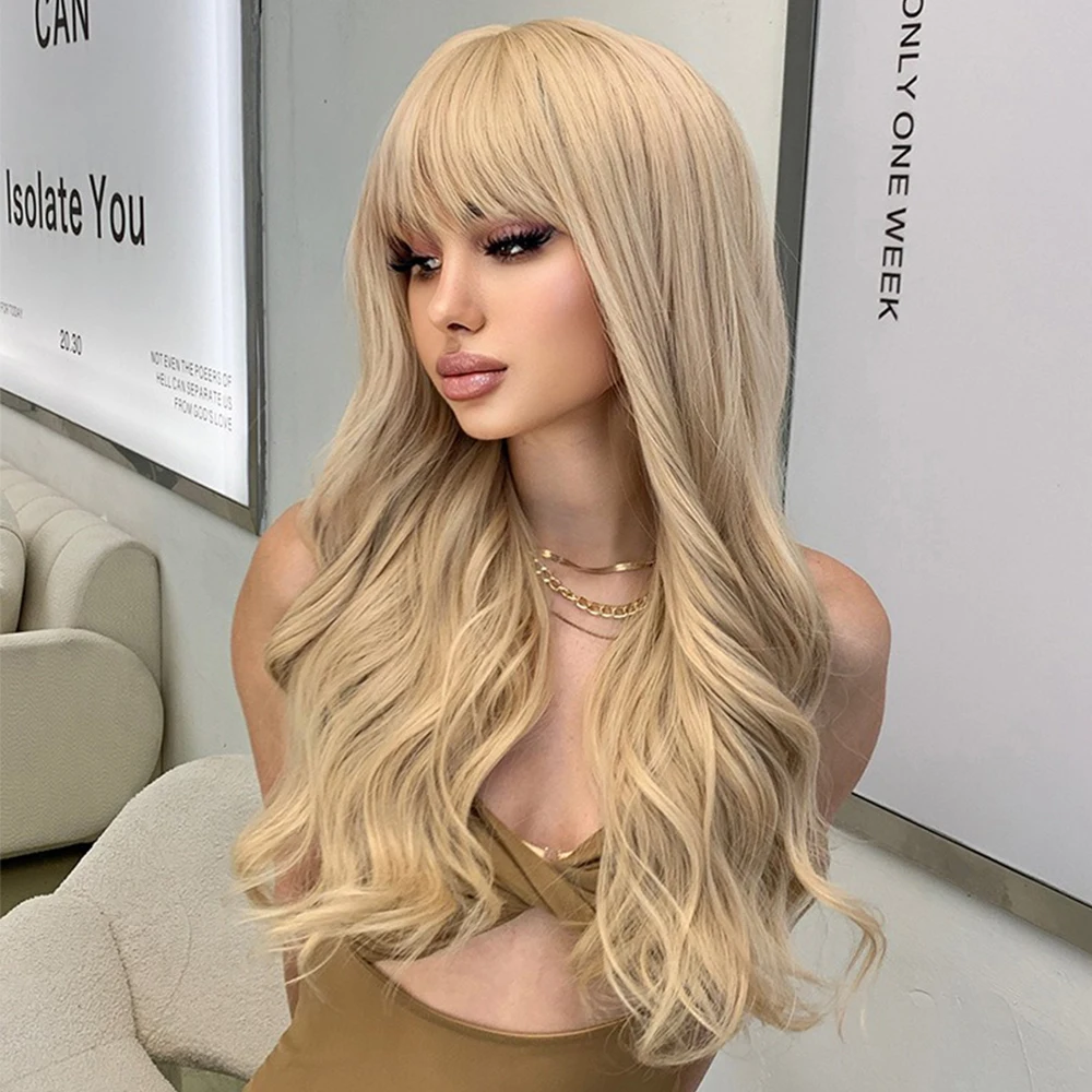 Loira ondulada perucas sintéticas com franja natural cabelo longo para mulheres festa diária lolita cosplay peruca sem cola resistente ao calor