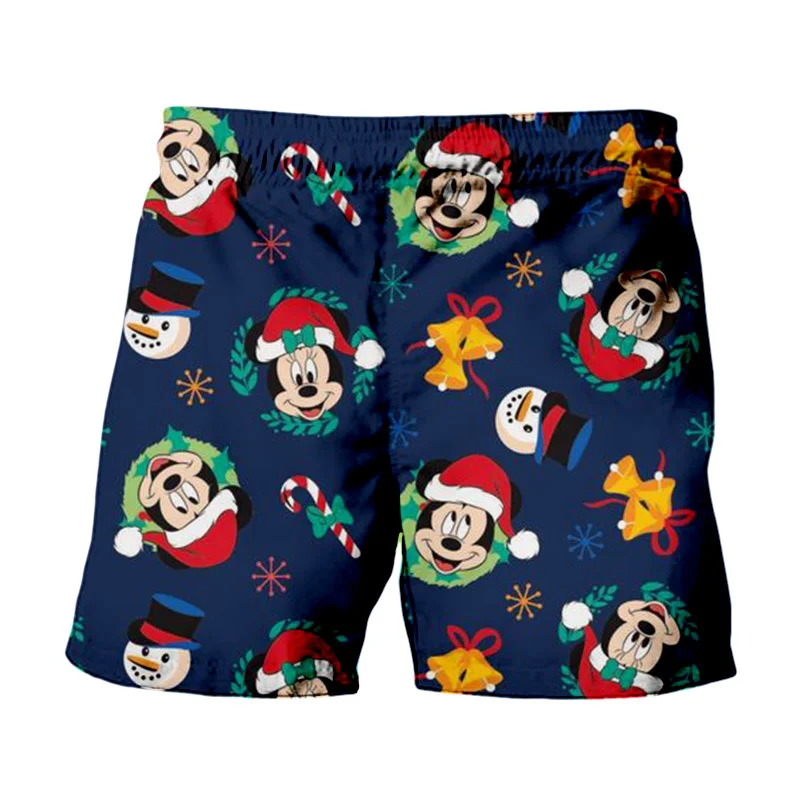 2024 Christmas New Disney Miniso Stitch And Mickey Minnie Anime Print Summer Men\'s Fashion Beach Party Casual Shorts Y2K