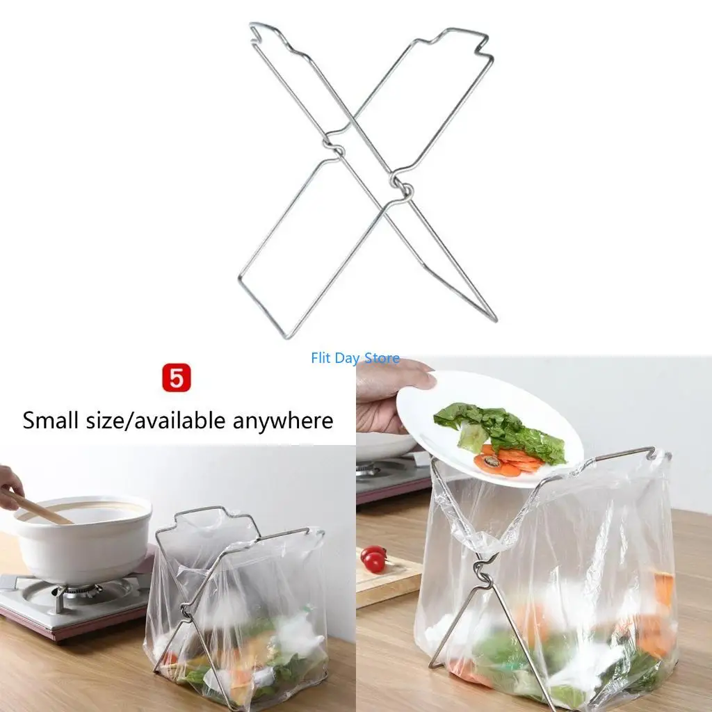 F92C Stainless Steel Garbage Bag Shelf Home Kitchen Countertop Folding Trash Bag Holder Dishcloth Towel Rack