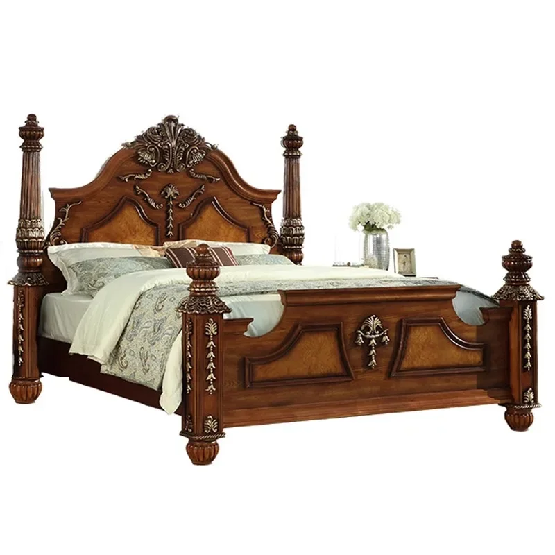 

American solid wood bed luxury master bedroom villa bed 1.8 meters original wood carving flower European retro custom furniture