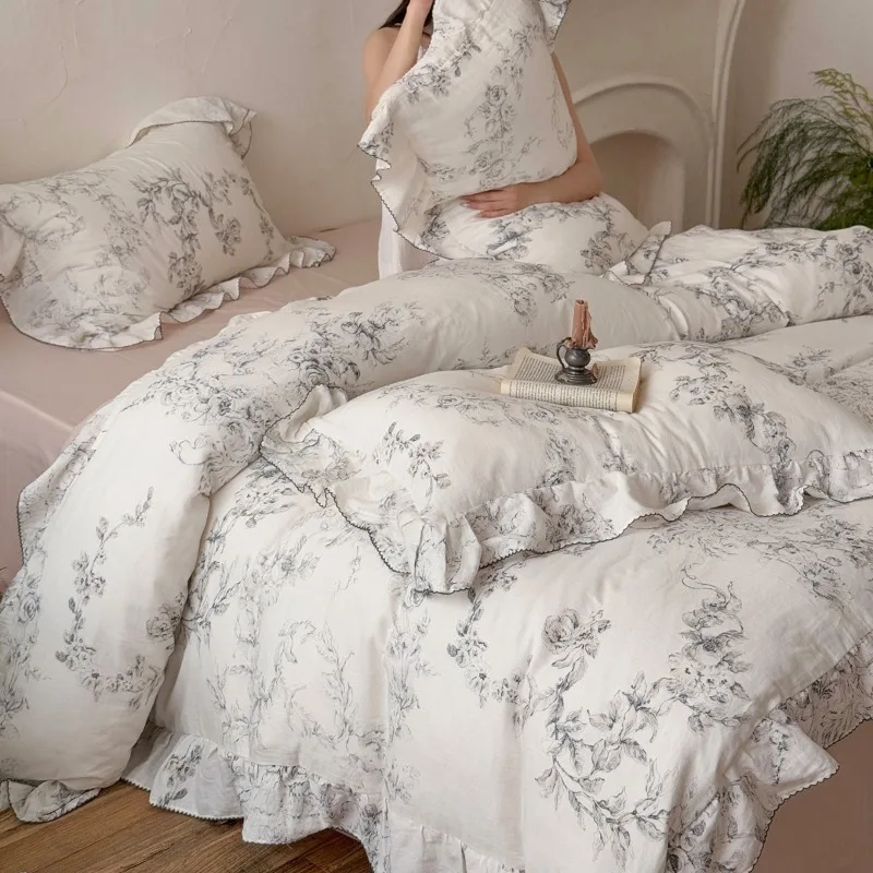 French Cotton Double-layer Gauze Super Soft Four-piece Set Printing Lotus Leaf Edge Quilt Cover Sheet Pillowcase Bedding Set
