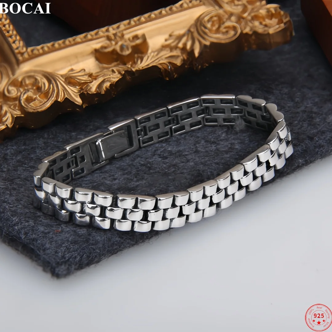 BOCAI 新製品 S925 スターリングシルバーチャームバングル メンズ レディース アンティークウォッチバンド柄 幅広ブレスレット 高級ジュエリー 1