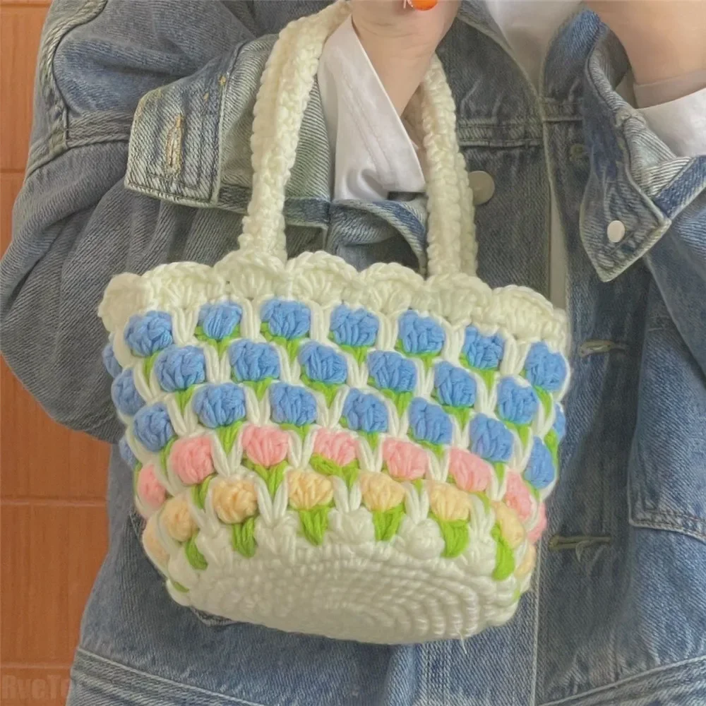 Tulip Wool Hand Bag Handmade Knitting Picnic Bag Lunch Bag for Women Girl Gift Outside