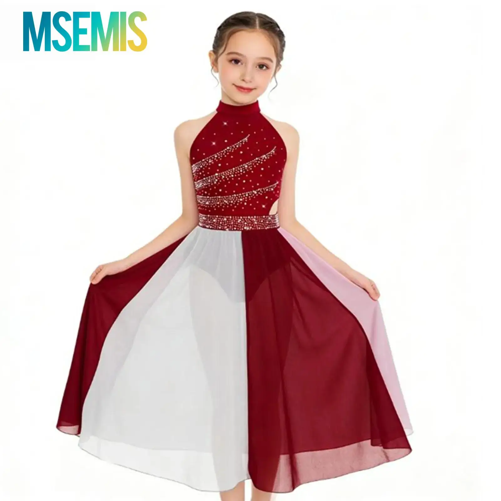 Kids Girls Ballet Lyrical Contemporary Dance Side Split Dress Shiny Rhinestones Gymnastics Figure Skating Costume Dancewear
