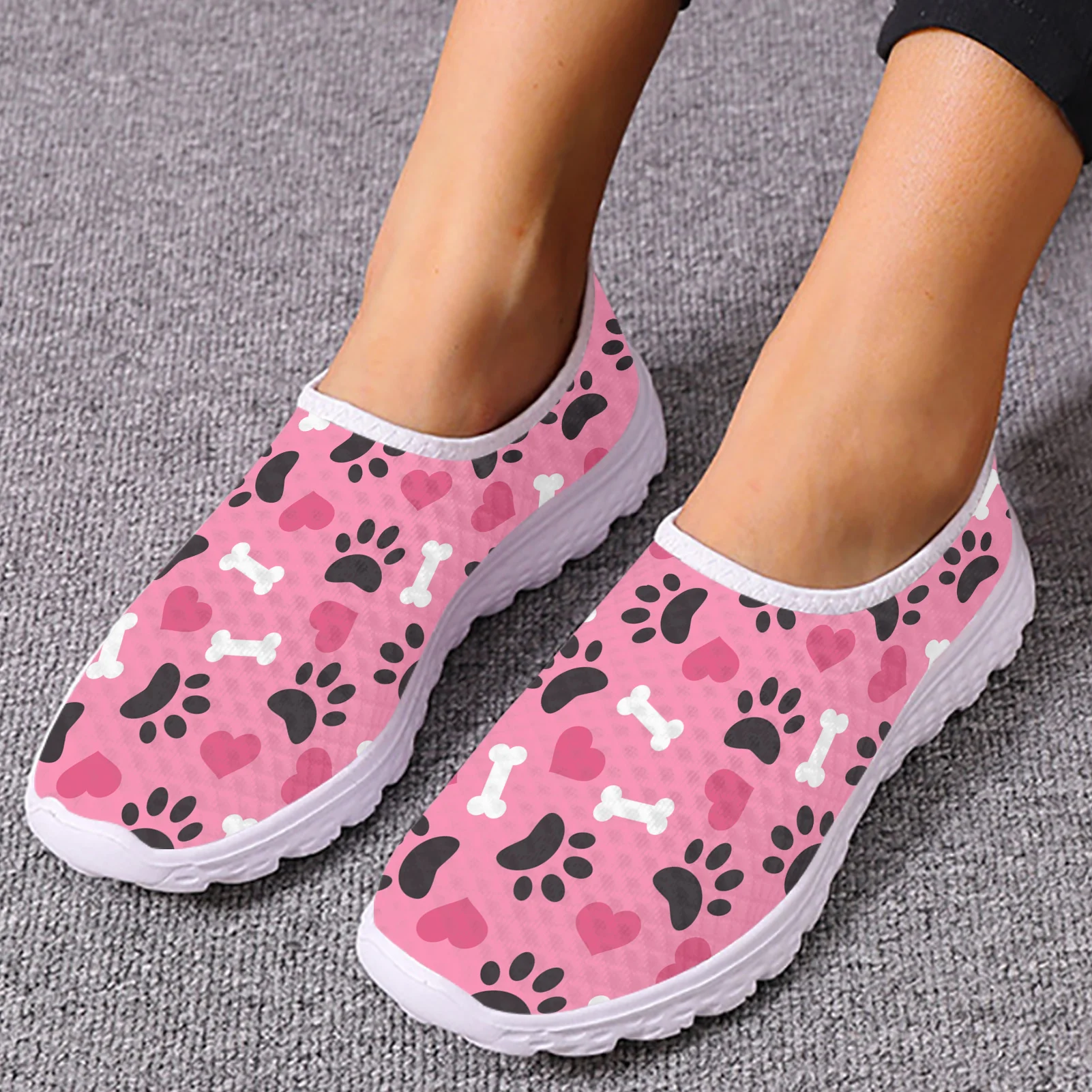 INSTANTARTS Pink Dog Paw Love Print Loafers Woman Summer Air Mesh Flats Girl Lightweight Breathable Slip On Sneakers Women