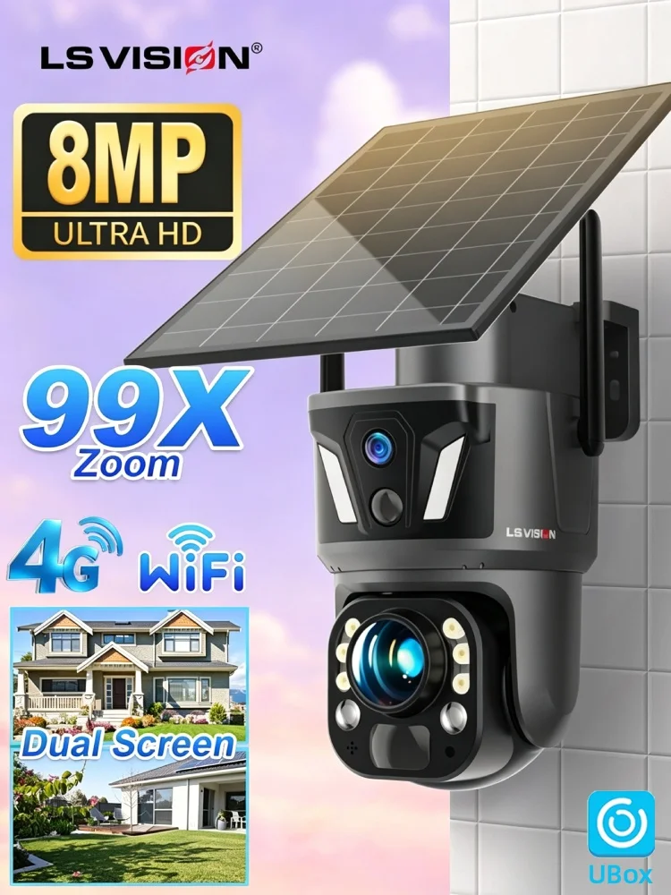 LS VISION UBOX 99XZoom Solar 4G / Wifi Kamera Bezpieczeństwa 8MP z Podwójnymi Ekranami, PIR i AI Humanoid, PTZ, Automatyczne Zoom Śledzenie, Monitoring CCTV, Zewnętrzna Kamera Solarna do Domu, Zasięg — 2