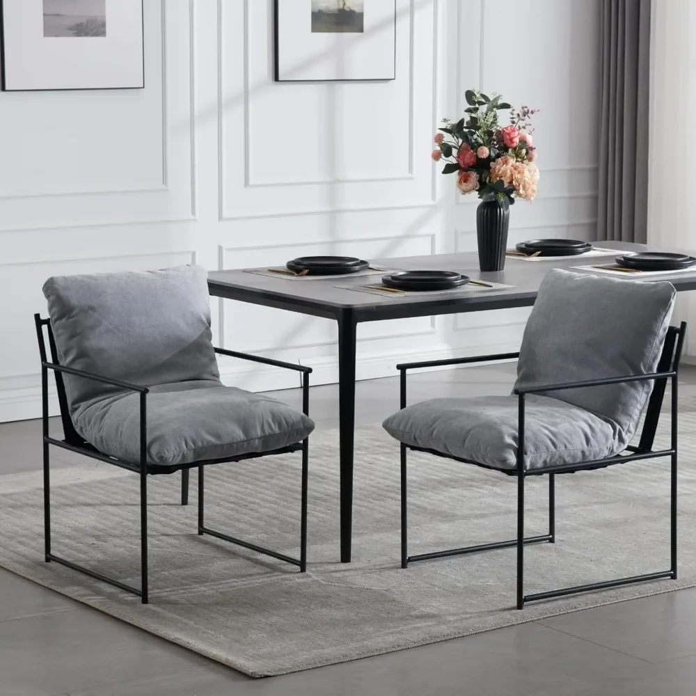 Modern Upholstered Dining Chairs,Chenille Padded Kitchen Chairs with Black Metal Frame and Armrest Sling Armchair for Dining