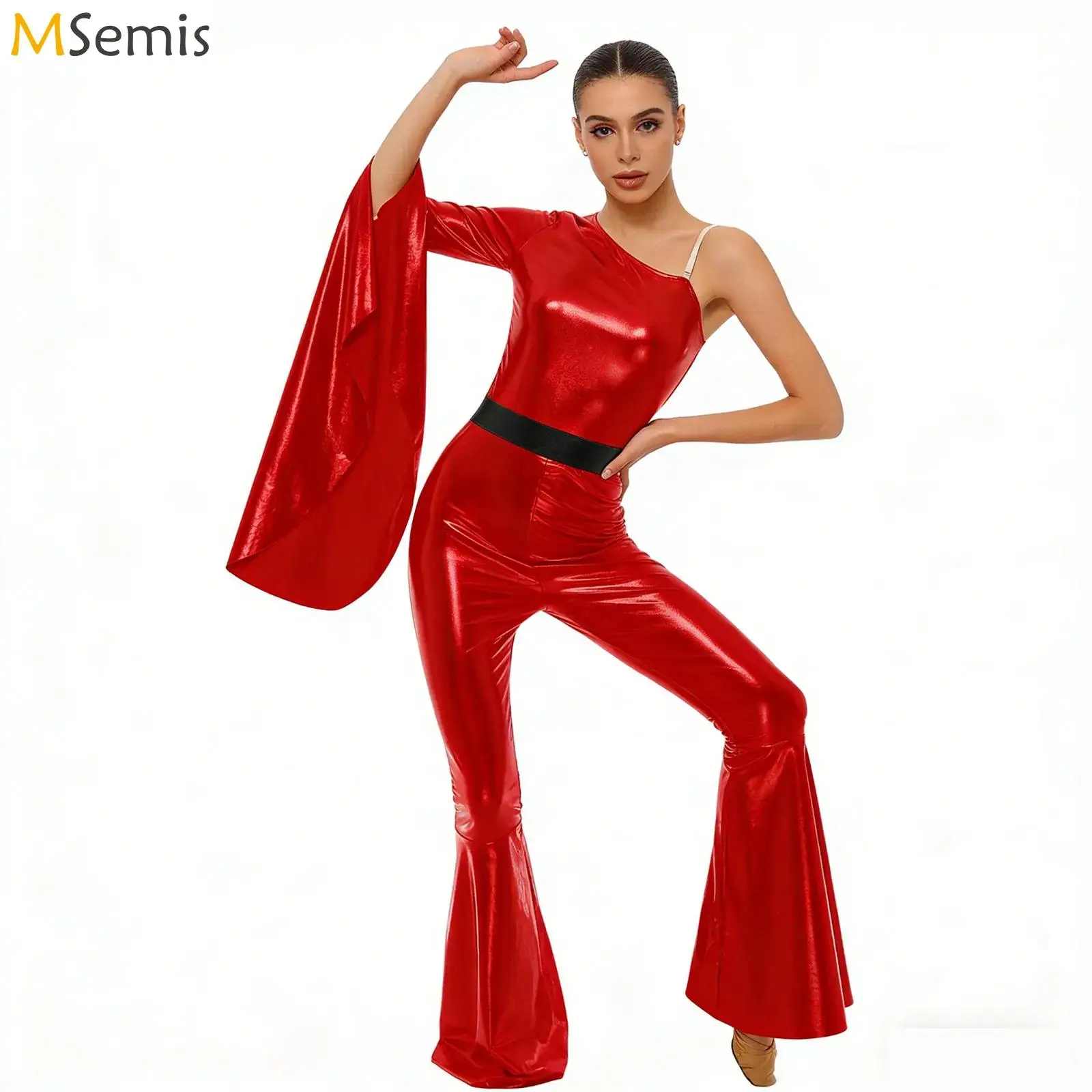 

Womens 70s Disco Hippie Jumpsuit Jazz Dance Performance Costume One Shoulder Single Long Sleeve Bodysuit Flared Bell Bottoms