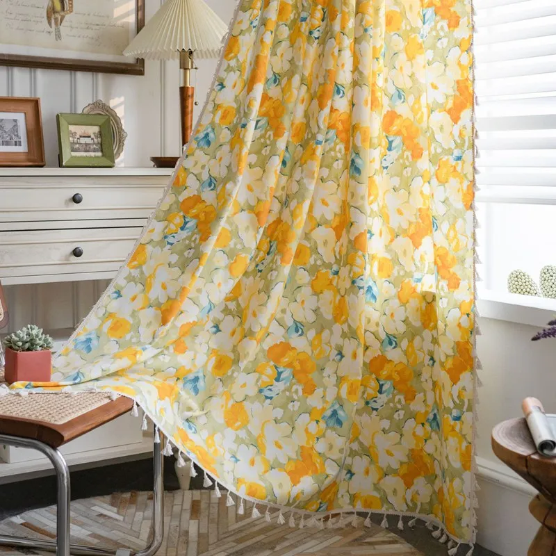

Cotton Linen Floral with Tassels Oil Paint CurtainThick Blackout Curtains for Living Room American Vintage Drape Bedroom Valance