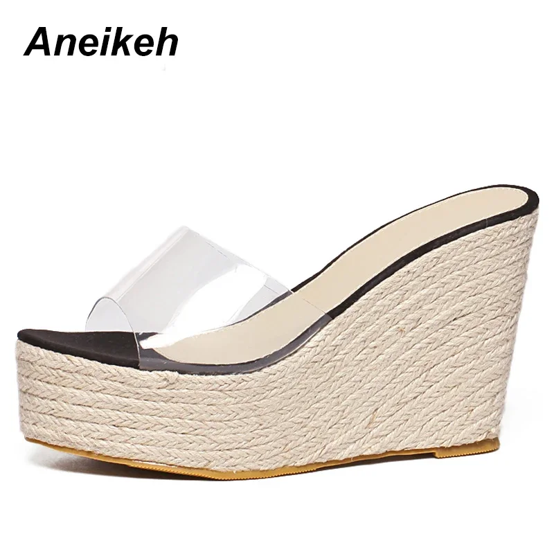 Aneikeh Fashion Summer Women\'s PVC Transparent Slippers Solid Platform Wedges Heels Office Shoes Size 34-40