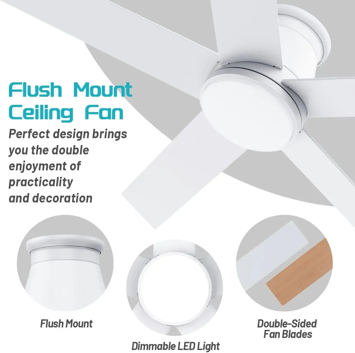 52 inch Ceiling Fan with Light, White Flush Mount Ceiling Fan 6 Speeds DC Reversible Motor, Timing, Dimmable Ceiling Fan