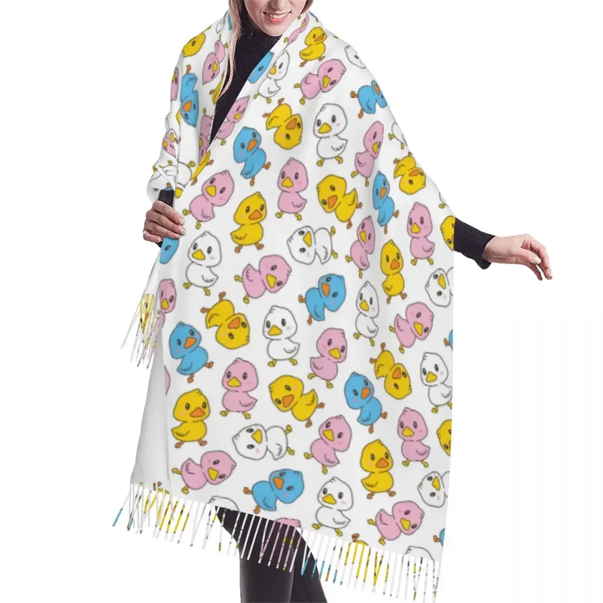 Custom Fashion Cartoon Duck Walking Pattern Tassel Scarf Women Winter Fall Warm Shawl Wrap Female Scarves