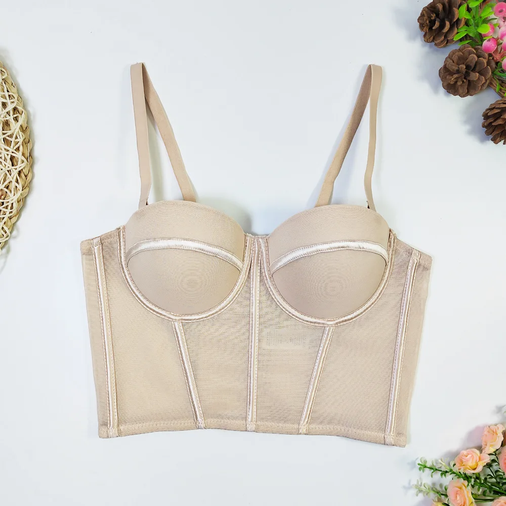 

Женский сетчатый бюстье с косточками, корсет, укороченный топ, бюстгальтер пуш-ап, летний сексуальный ​ Лифы без рукавов, майка с лямкой на шее, тонкая бретелька с пряжкой сзади