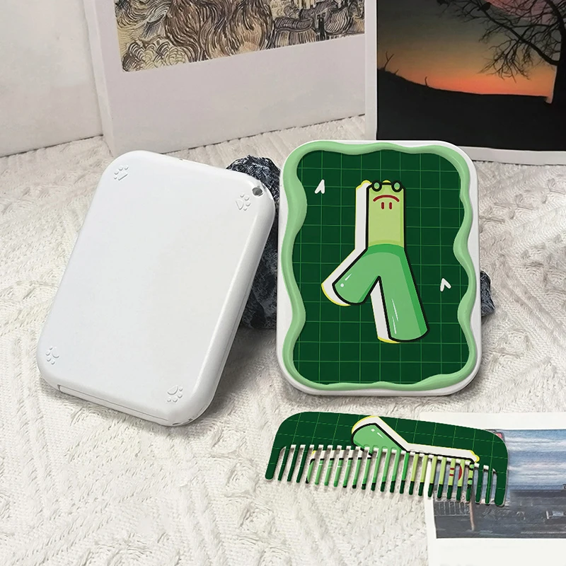 Espejo de maquillaje plegable con patrón de Scallion verde de dibujos animados, espejo de bolsillo portátil, espejo cosmético rectangular con peine