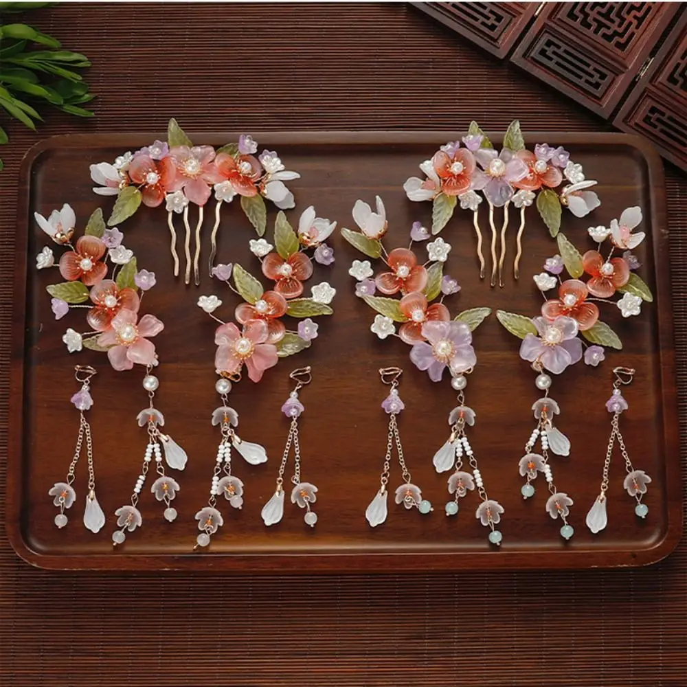 Tassel Chinese Style Hairpin Set Earring for Buns Hanfu Hair Stick Alloy Headwear Flower Hair Comb Hairstyle Design Tool