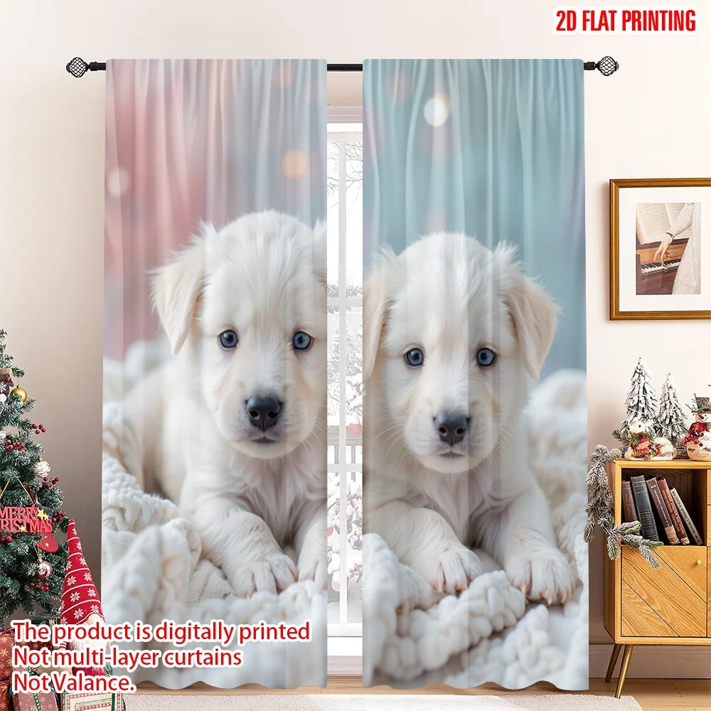 2pcs 2D flat printing Scene Curtains Cute Maltese Puppies Duo Digital Printed Polyester Drapes All Season Party & Holiday Decor