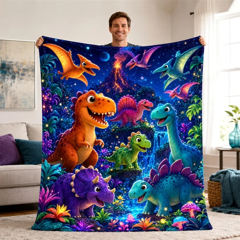 Dinosaur Star Moon Printed Flannel Throw Blanket, Soft Lightweight Plush Blanket for Sofa Bedroom Decor