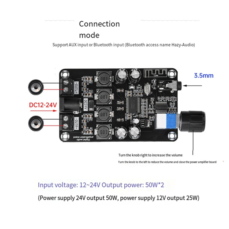 クラスDアンプモジュール,Bluetooth 5.0,オーディオアンプ,調整可能な音量,hifiステレオ,DC 12v-24v,50w x 2