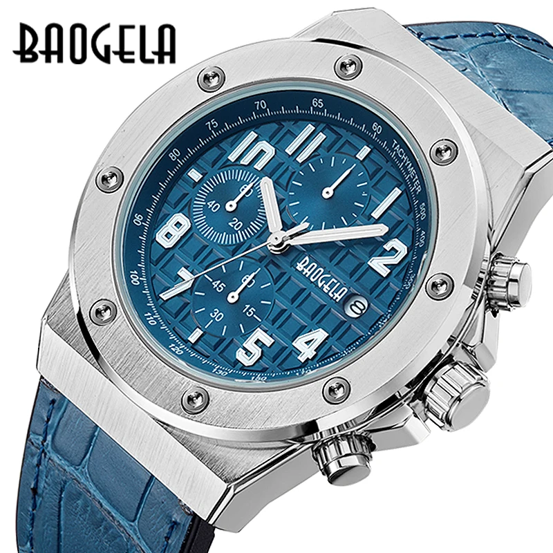 BAOGELA New Quartz Waterproof 3TM Noctilucent Watch Bright Casual Chronograph Leather Band Relogios Men\'s Reloj Hombre 1805 Blue