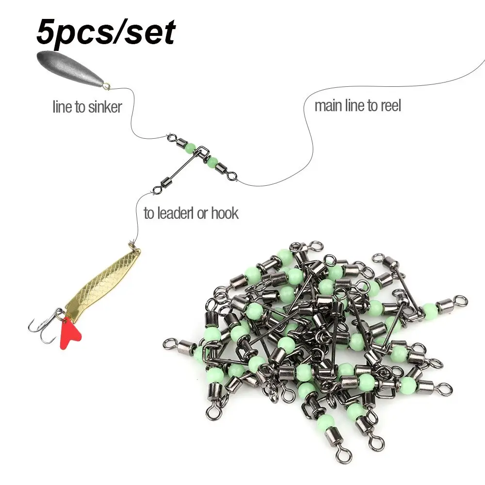 

5pcs Durable Wivels Bearing Brass Barrel Splitter T-shape Fishing Swivels Luminous 3 Way Connector Rolling Swivel with Pearl