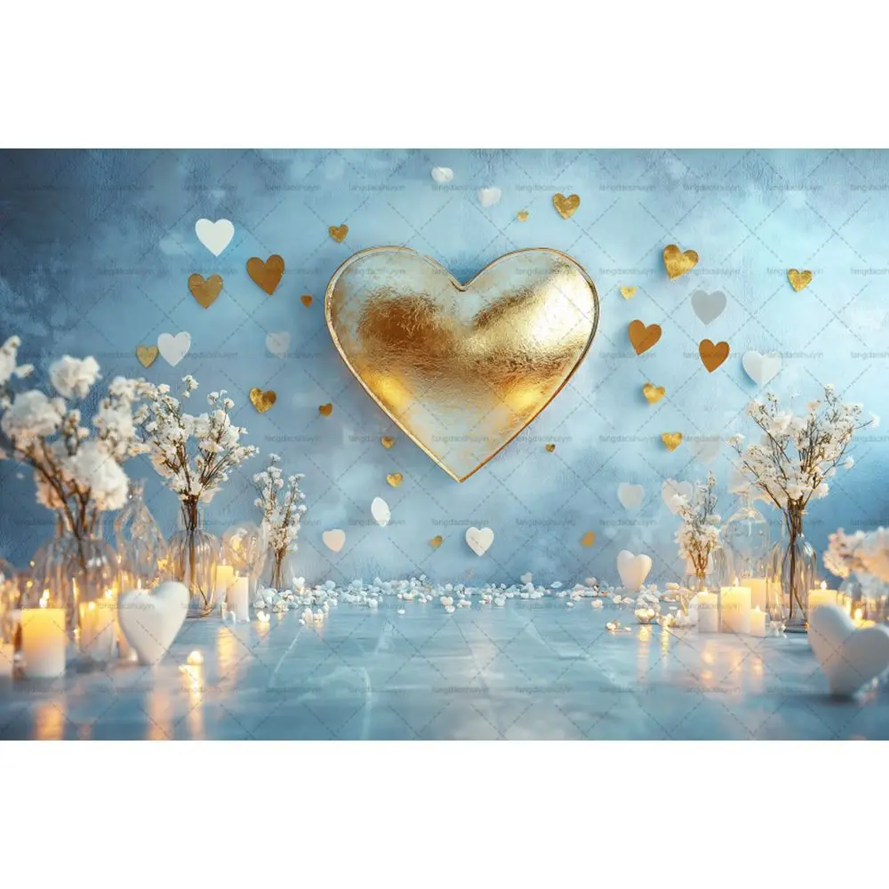 February 14th Valentine's Day Blue Gold Heart Shaped Children Adult Birthday Party Decoration Background Photo Studio Props