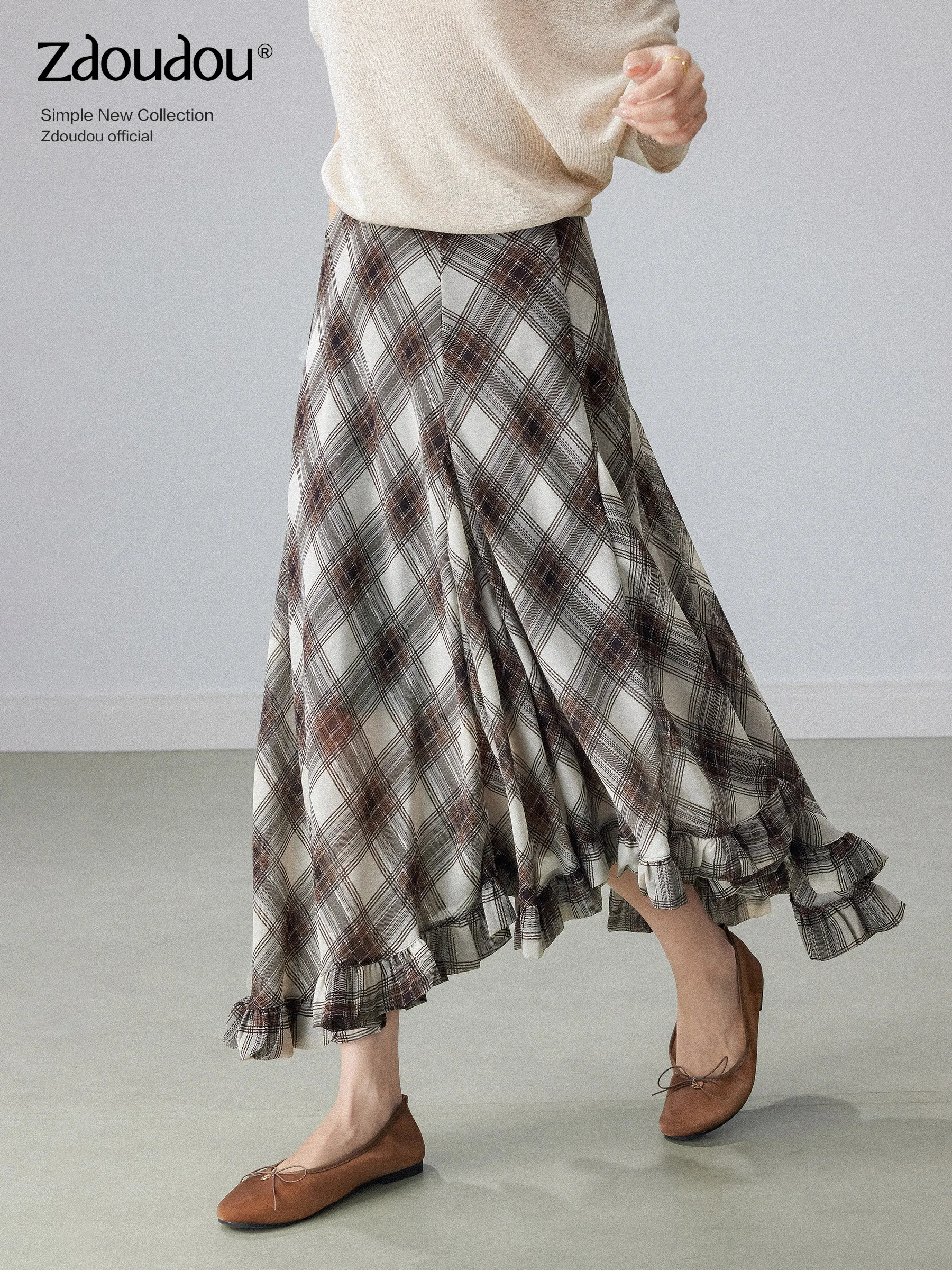 

Юбка А-силуэта с высокой талией и кружевной отделкой, цвет кофе, новая весенняя модель, женская юбка, стройнящая, драпированная, асимметричная