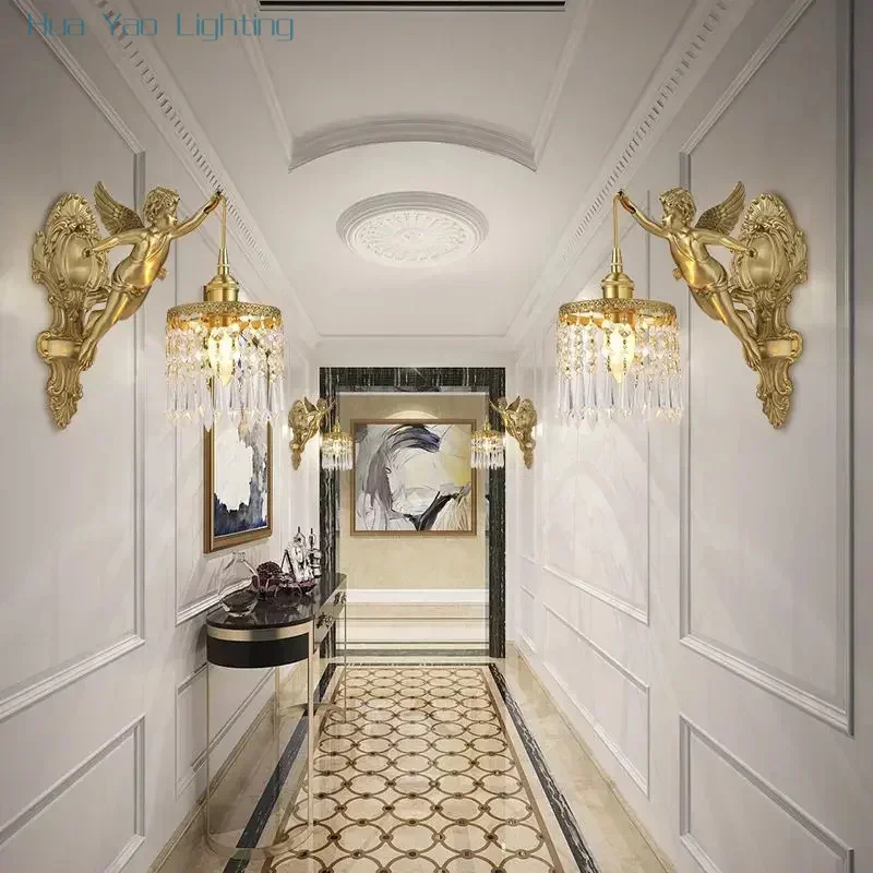 French Vintage Art Style Copper Angel Hanging Flower Crystal Wall Lamp Palace Corridor Entrance Porch Balcony Bedside Led Lights