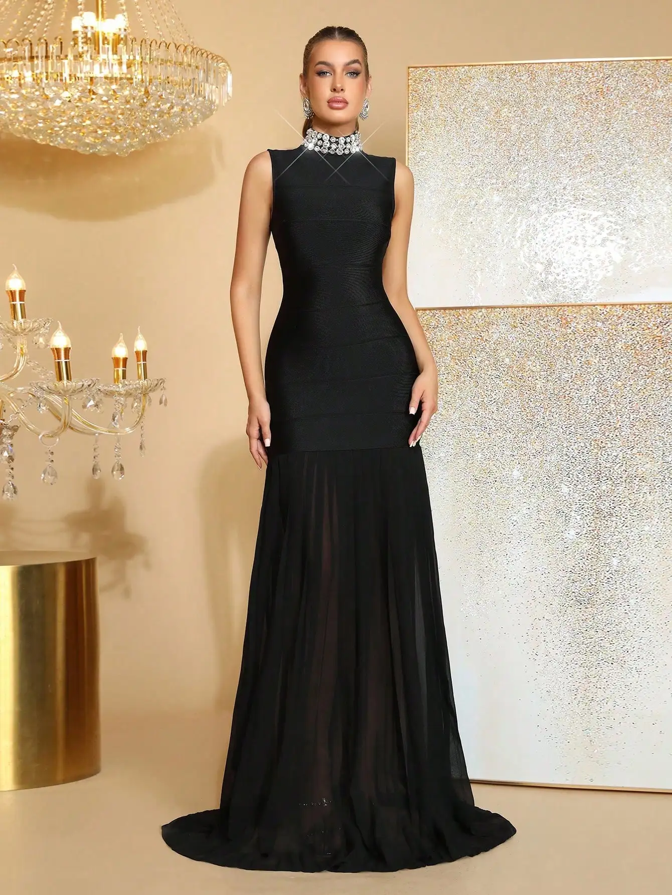 

Black High Neck Sleeveless Bandage Gown with Sheer Pleated Skirt for Formal Events
