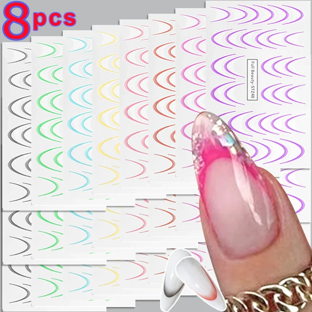 8pcs/set French Nails Art Stickers Ins Gradient Blooming Wave Line Water Transfer Sliders Decals DIY Ombre Manicure Decorations